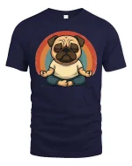 Funny Meditating Pug T-Shirt Cute Yoga Dog Retro Graphic - navy t-shirt on white background
