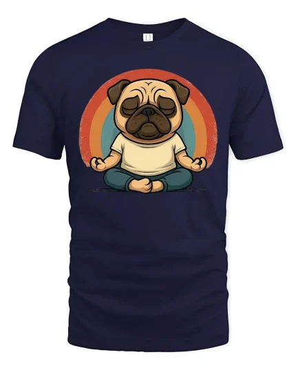 Funny Meditating Pug T-Shirt Cute Yoga Dog Retro Graphic - navy t-shirt on white background