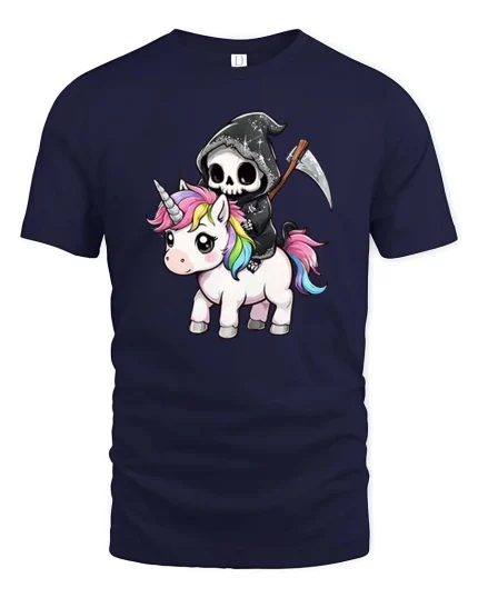 Funny Grim Reaper Unicorn T-Shirt Cute Dark Fantasy Tee - navy t-shirt on white background