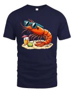 Cool Shrimp Beach T-Shirt Funny Summer Seafood Graphic Tee - navy t-shirt on white background