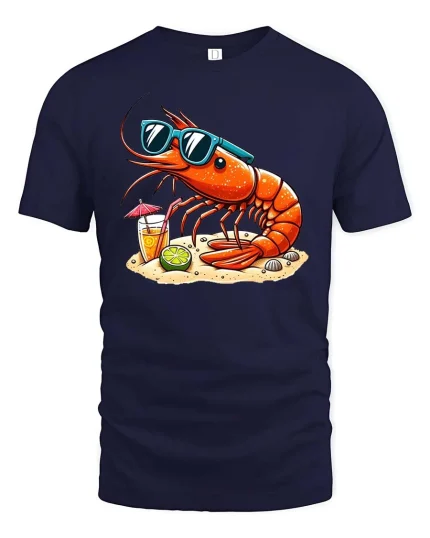 Cool Shrimp Beach T-Shirt Funny Summer Seafood Graphic Tee - navy t-shirt on white background