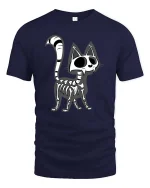 Funny Skeleton Cat T-Shirt Cute Gothic Halloween Graphic - navy t-shirt on white background
