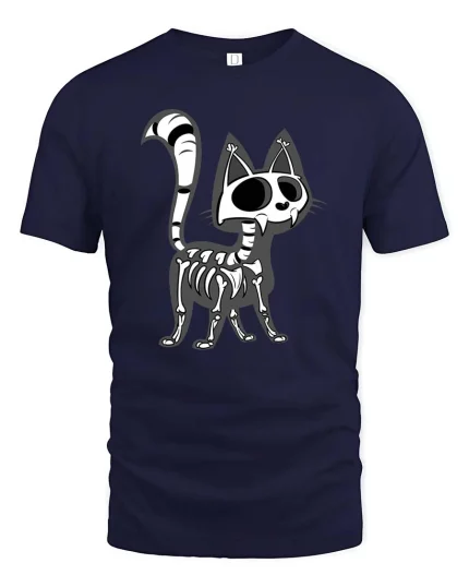 Funny Skeleton Cat T-Shirt Cute Gothic Halloween Graphic - navy t-shirt on white background