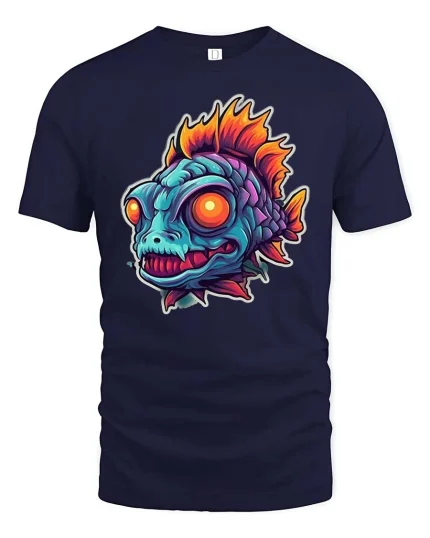 Neon Monster Fish T-Shirt Colorful Deep Sea Creature Tee - navy t-shirt on white background