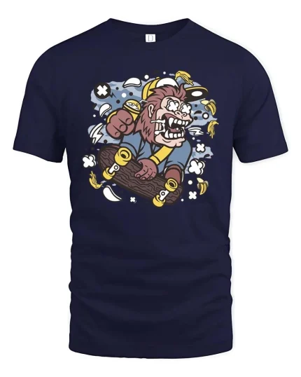 Crazy Monkey Skateboard T-Shirt Funny Skater Graphic Tee - navy t-shirt on white background