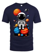 Cute Astronaut Sitting on Planets T-Shirt Space Graphic Tee - navy t-shirt on white background