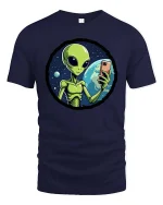 Funny Alien Selfie T-Shirt UFO Space Humor Graphic Tee - navy t-shirt on white background