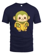 Cute Monkey Banana T-Shirt Funny Cartoon Animal Graphic Tee - navy t-shirt on white background