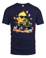 Cute Chick Driving Jeep T-Shirt Funny Easter Cartoon Graphic - navy t-shirt on white background