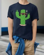 Cool Smoking Cactus T-Shirt Funny Desert Cartoon Graphic Tee - model wearing navy tee with hands in pockets