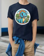 Cute Baby Dinosaur T-Shirt Cartoon Dino Jungle Graphic Tee - model wearing navy tee with hands in pockets