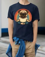 Funny Meditating Pug T-Shirt Cute Yoga Dog Retro Graphic - model wearing navy tee with hands in pockets