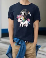 Funny Grim Reaper Unicorn T-Shirt Cute Dark Fantasy Tee - model wearing navy tee with hands in pockets