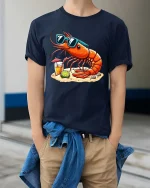 Cool Shrimp Beach T-Shirt Funny Summer Seafood Graphic Tee - model wearing navy tee with hands in pockets