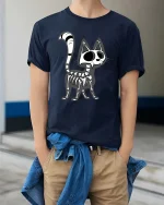 Funny Skeleton Cat T-Shirt Cute Gothic Halloween Graphic - model wearing navy tee with hands in pockets