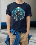 Vintage Deep Sea Diver T-Shirt Underwater Ocean Graphic Tee - model wearing navy tee with hands in pockets