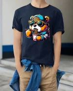 Funny Bear Eating Ramen T-Shirt Cool Panda Noodles Graphic - model wearing navy tee with hands in pockets