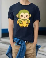 Cute Monkey Banana T-Shirt Funny Cartoon Animal Graphic Tee - model wearing navy tee with hands in pockets