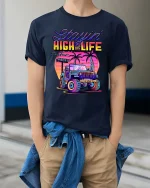 Retro Jeep Sunset T-Shirt Vintage Beach Offroad Graphic Tee - model wearing navy tee with hands in pockets