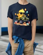 Cute Chick Driving Jeep T-Shirt Funny Easter Cartoon Graphic - model wearing navy tee with hands in pockets