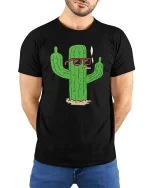 Cool Smoking Cactus T-Shirt Funny Desert Cartoon Graphic Tee - model wearing black tee with hands behind back