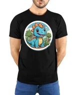 Cute Baby Dinosaur T-Shirt Cartoon Dino Jungle Graphic Tee - model wearing black tee with hands behind back