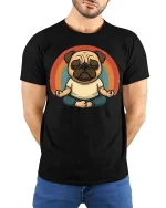 Funny Meditating Pug T-Shirt Cute Yoga Dog Retro Graphic - model wearing black tee with hands behind back