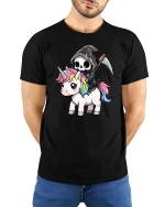 Funny Grim Reaper Unicorn T-Shirt Cute Dark Fantasy Tee - model wearing black tee with hands behind back