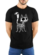 Funny Skeleton Cat T-Shirt Cute Gothic Halloween Graphic - model wearing black tee with hands behind back