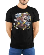 Crazy Monkey Skateboard T-Shirt Funny Skater Graphic Tee - model wearing black tee with hands behind back