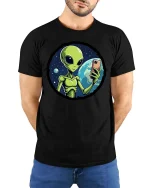 Funny Alien Selfie T-Shirt UFO Space Humor Graphic Tee - model wearing black tee with hands behind back