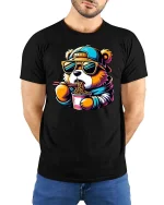 Funny Bear Eating Ramen T-Shirt Cool Panda Noodles Graphic - model wearing black tee with hands behind back