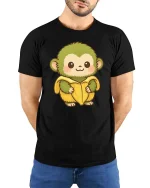 Cute Monkey Banana T-Shirt Funny Cartoon Animal Graphic Tee - model wearing black tee with hands behind back