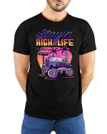 Retro Jeep Sunset T-Shirt Vintage Beach Offroad Graphic Tee - model wearing black tee with hands behind back