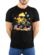 Cute Chick Driving Jeep T-Shirt Funny Easter Cartoon Graphic - model wearing black tee with hands behind back