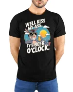 Funny Donkey Beer OClock T-Shirt Cartoon Drinking Humor Tee - model wearing black tee with hands behind back