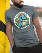 Cute Baby Dinosaur T-Shirt Cartoon Dino Jungle Graphic Tee - model wearing grey tee, leaning on column