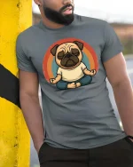 Funny Meditating Pug T-Shirt Cute Yoga Dog Retro Graphic - model wearing grey tee, leaning on column