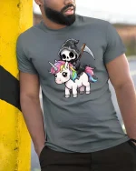 Funny Grim Reaper Unicorn T-Shirt Cute Dark Fantasy Tee - model wearing grey tee, leaning on column