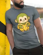 Cute Monkey Banana T-Shirt Funny Cartoon Animal Graphic Tee - model wearing grey tee, leaning on column