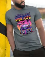 Retro Jeep Sunset T-Shirt Vintage Beach Offroad Graphic Tee - model wearing grey tee, leaning on column