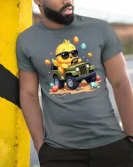 Cute Chick Driving Jeep T-Shirt Funny Easter Cartoon Graphic - model wearing grey tee, leaning on column