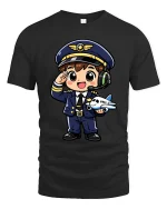 Cute Pilot Cartoon T-Shirt Airplane Captain Graphic Tee Gift - black t-shirt on white background
