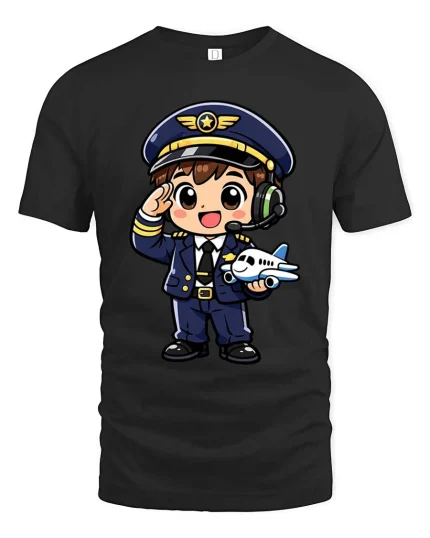 Cute Pilot Cartoon T-Shirt Airplane Captain Graphic Tee Gift - black t-shirt on white background