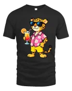Cool Leopard Vacation T-Shirt Tropical Drink Graphic Tee - black t-shirt on white background