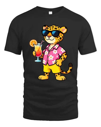 Cool Leopard Vacation T-Shirt Tropical Drink Graphic Tee - black t-shirt on white background