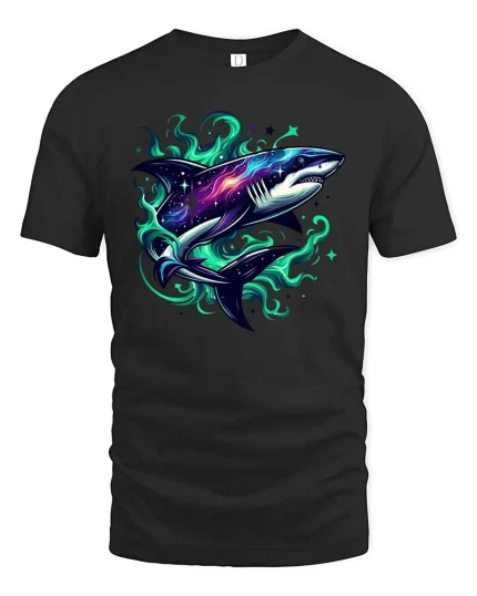 Galaxy Shark T-Shirt Cosmic Ocean Predator Graphic Tee - black t-shirt on white background