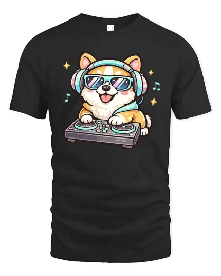 Cute DJ Dog T-Shirt Music Party Puppy Graphic Tee - black t-shirt on white background