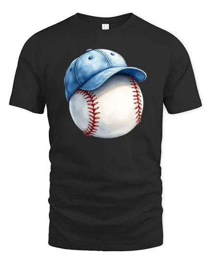 Baseball Cap Ball T-Shirt Classic Baseball Fan Graphic Tee - black t-shirt on white background