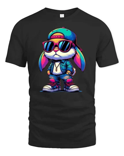 Cool Street Bunny T-Shirt Hip Hop Rabbit Graphic Tee - black t-shirt on white background